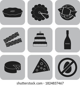 Set of nine food related icons. Handsome background. Vector illustration. 