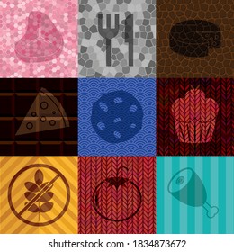 Set of nine food related icons. Graceful background. Intense illustration. 