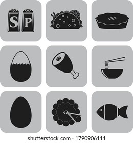 Set of nine food or restaurant flat icons. Luxurious background. Intense illustration. 