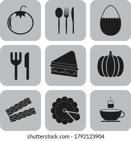 Set of nine food or restaurant flat icons. Fancy background. Illustration. 