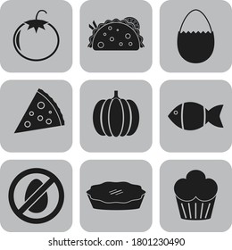 Set of nine food or restaurant flat icons. Delicate background. Artistic illustration. 