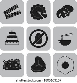 Set of nine food or restaurant flat icons. Chic background. Intense illustration. 