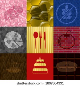 Set of nine food or restaurant flat icons. Luxurious background. Vector illustration. 