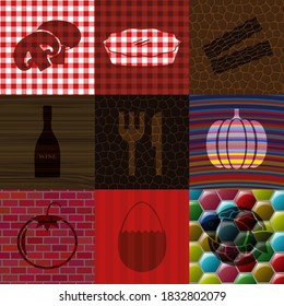 Set of nine food or restaurant flat icons. Classic background. Intense illustration. 