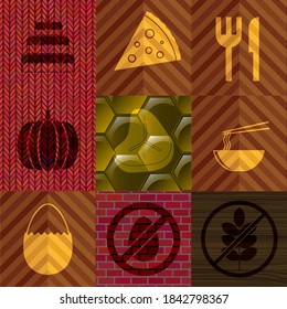 Set von neun Speisen oder Restaurant flache Symbole. Feiner Hintergrund. Vektorgrafik. 