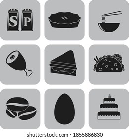 Set von neun Speisen oder Restaurant flache Symbole. Exquisites Hintergrund. Künstlerische Illustration. 