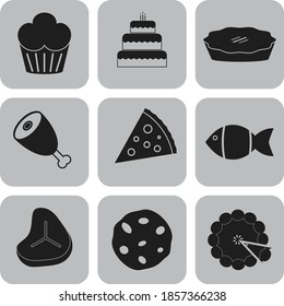 Set of nine food or restaurant flat icons. Chic background. Vector illustration. 