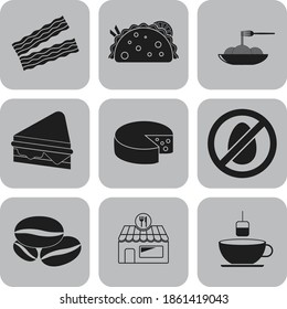 Set of nine food or restaurant flat icons. Fancy background. Vector illustration. 