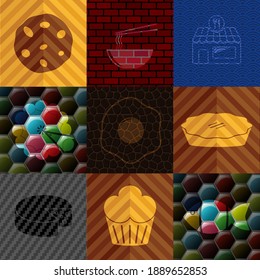 Set of nine food or restaurant flat icons. Graceful background. Vector illustration. 