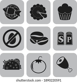 Set of nine food or restaurant icons. Graceful background. Vector illustration. 