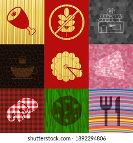 Set of nine food or restaurant icons. Graceful backgrounds. Intense illustrations. 