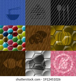 Set of nine food or restaurant icons. Delicate background. Intense illustration. 