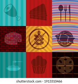 Set of nine food or restaurant icons. Handsome background. Vector illustration. 