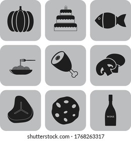 Set of nine food or restaurant related flat icons. Luxurious background. Artistic illustration. 