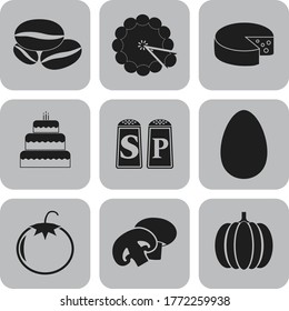 Set of nine food or restaurant related flat icons. Graceful background. Intense illustration. 