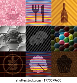 Set of nine food or restaurant related icons. Luxurious background. Intense illustration. 