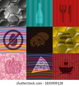 Set of nine food or restaurant related icons. Fancy background. Artistic illustration. 