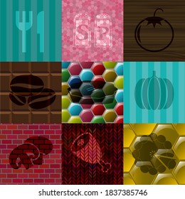 Set of nine food or restaurant related icons. Delicate background. Artistic illustration. 