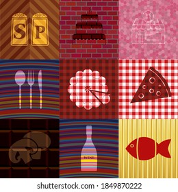 Set of nine food or restaurant related icons. Classic background. Vector illustration. 