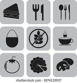 Set of nine food or restaurant related flat icons. Exquisite background. Vector illustration. 