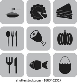 Set of nine food or restaurant related icons. Handsome background. Intense illustration. 