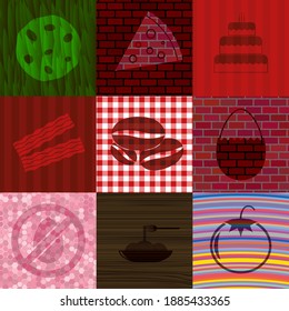Set of nine food or restaurant related flat icons. Fashionable background. Artistic illustration. 