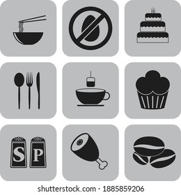 Set of nine food or restaurant related icons. Graceful background. Illustration. 