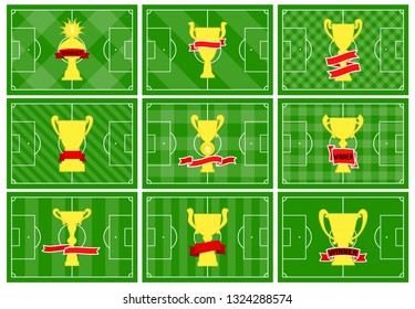 Set of nine football fields  with different golden cup on different green grass ornaments. Soccer field for playing. Vector illustration