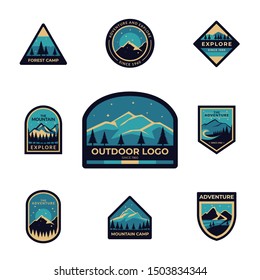 Set nine of  Forest camp labels emblem in vintage style with blue colour. outdoor mountain logo badge for adventure, explorer, camping and hiking logo patches.