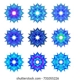 Set of Nine Fractal Symbols of Ice and Snow - Blue Purple Winter Icons on White Background