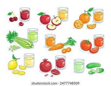Set aus neun frischen Gemüse- und Fruchtsäften. Buntes Bild im Linienstil. Vorlage für die Menügestaltung. Isoliert auf weißem Hintergrund. Vektorgrafik flache Abbildung.