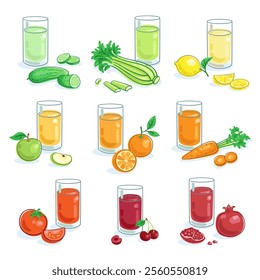 Set of nine fresh vegetables and fruits and large glasses of juice from them. Colorful picture in line style. Template for menu design. Isolated on white background. Vector flat illustration.