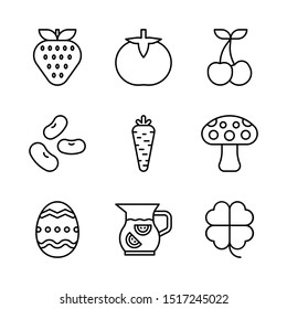 eine Reihe von neun Symbolen für Obst und Gemüse, wie Erdbeeren, Tomaten, Kirschen, Bohnen, Karotten, Pilze, Ei, Zitronenwasser, Kleeblatt und andere