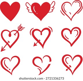 Conjunto de nueve divertidos y expresivos garabatos de corazón rojo con acentos de movimiento y diseños alados, perfecto para el Día de San Valentín y temas románticos juguetones.