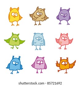 set with nine funny bright owls in vector