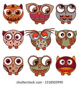 Set of nine funny cartoon owls placed in oval forms with various pattern isolated on the white background, vector illustration as icons