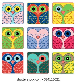 Set of nine funny colored owl faces placed in square forms and isolated on a white background, cartoon vector illustration as icons