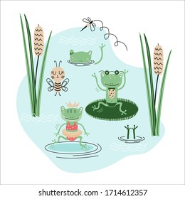 Set of nine funny frogs in various poses. In cartoon style. Isolated on white background. Vector illustration.