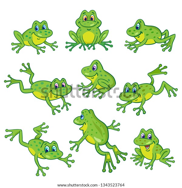 Set of nine funny
frogs in various poses. In cartoon style. Isolated on white
background. Vector
illustration.