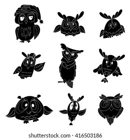 Set of nine funny owls