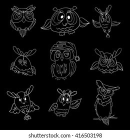 Set of nine funny owls