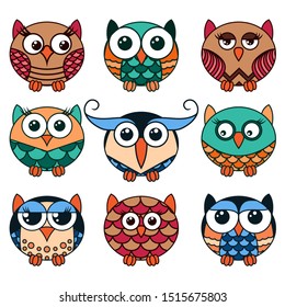 Set of nine funny owls placed in oval forms with various pattern isolated on the white background, cartoon vector illustration as icons