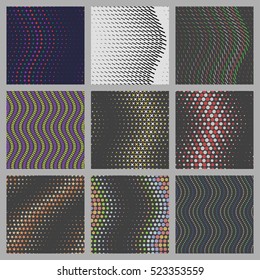 Set of nine generative wavy textures made of dots, circles, lines, rectangles and stars. Vector seamless pattern backgrounds
