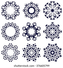 Set of nine geometric circular patterns or mandalas in east Mediterranean style