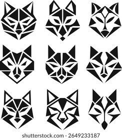 Set of nine geometric wolf head icons in black and white on transparent background