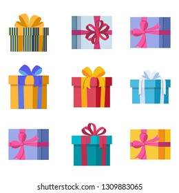 Set of nine Gift Boxes. Colorful Gifts with Bows of Ribbons for the Holidays Christmas, New Year, Birthday, Valentine s Day. Flat Cartoon Isolated Illustration on a White Background