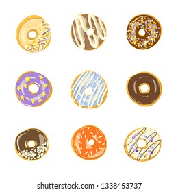 Set of nine glazed donuts. Bakery Vector illustration. Top View doughnuts into glaze