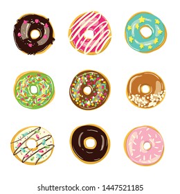 Set of nine glazed donuts. Bakery Vector illustration. Top View doughnuts into pink, green, blue, caramel and chocolate glaze
