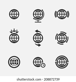 Set of nine globe icons, isolated on white background.