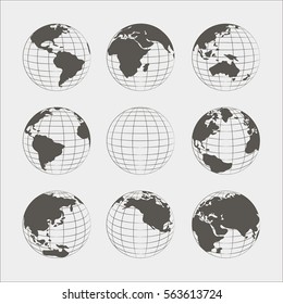 Set of nine globes showing earth with all continents. Vector illustration, EPS 10